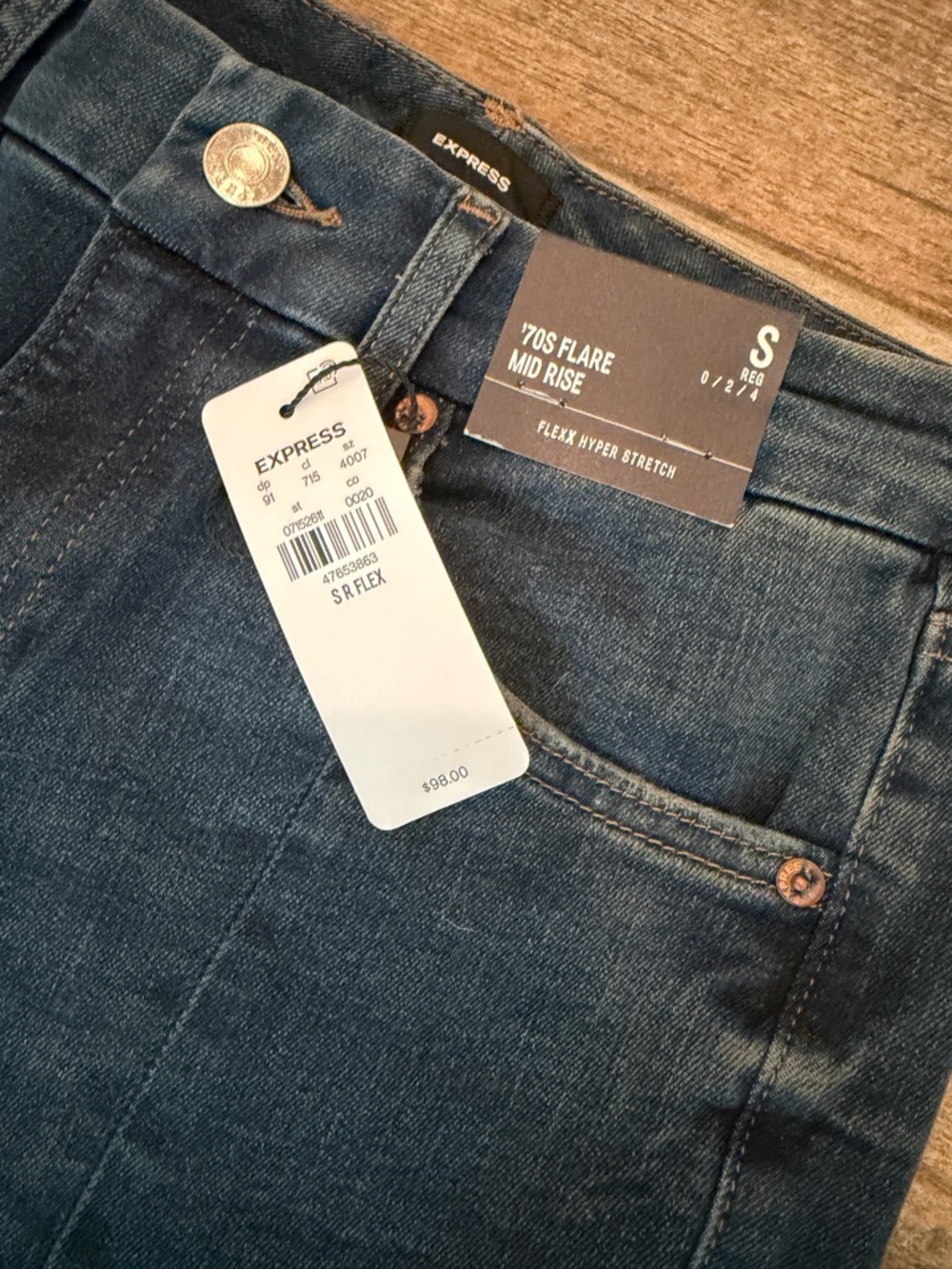 Express Dark Blue 70s Flare Stretch Mid-Rise Flare Jeans New NWT Bellbottom - Picture 2 of 6